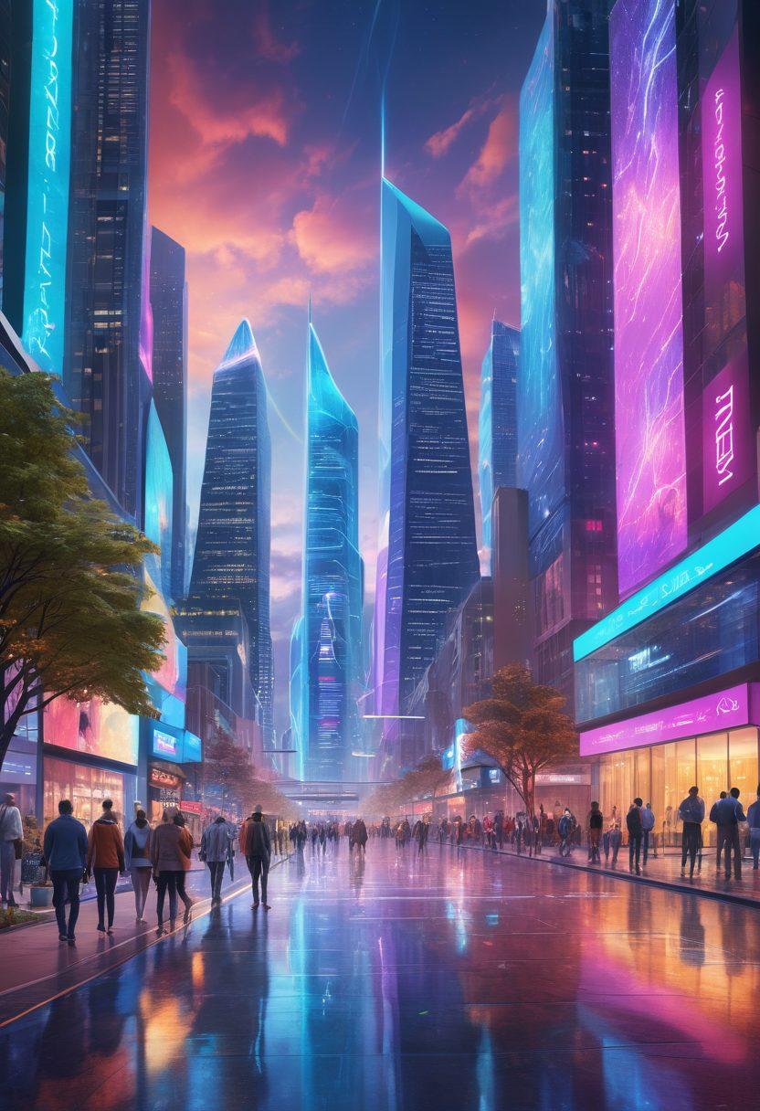A futuristic cityscape with digital elements representing online insurance solutions, featuring diverse people engaging with holographic insurance interfaces. Include light trails symbolizing fast transactions and connectivity. The scene should evoke a sense of innovation and trust with a glowing skyline in the background. super-realistic. vibrant colors. 3D.