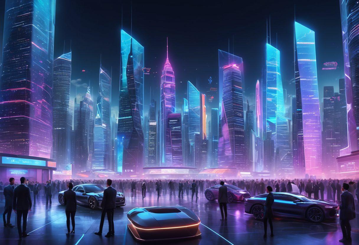 A futuristic city skyline representing digital innovation with holographic insurance plans floating above. A diverse group of people in business attire discussing strategies, with symbols of cyber protection like shields and locks in the background. Bright neon lights reflecting a tech-savvy atmosphere. super-realistic. vibrant colors. 3D.
