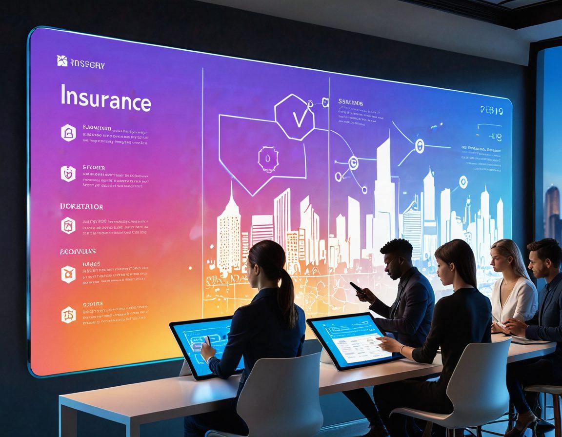 An innovative web interface showcasing digital insurance options, featuring diverse individuals engaging with technology like tablets and smartphones. Include visual elements representing enhanced coverage symbols, such as shields and checkmarks, with a futuristic city skyline in the background. Soft light and inviting colors to evoke a sense of security and innovation. super-realistic. vibrant colors. 3D.